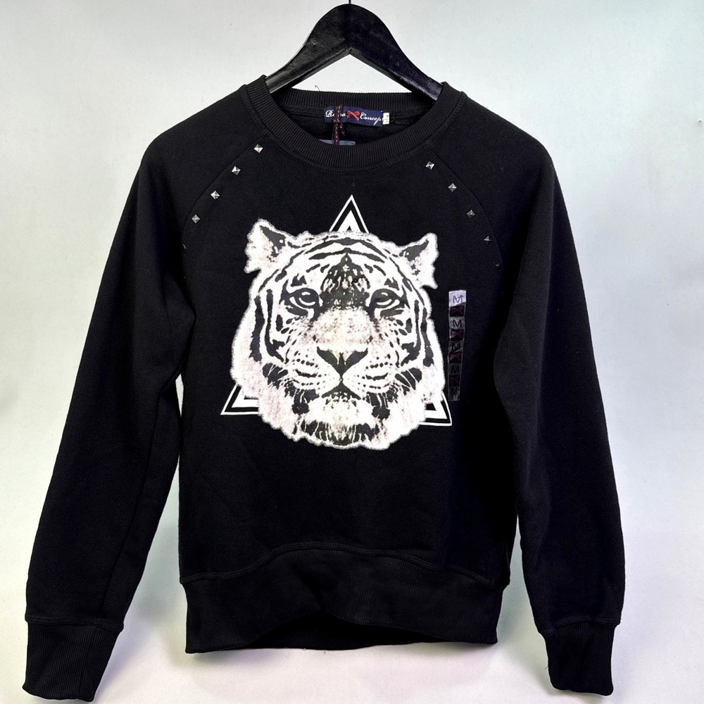 Roma Concept Mens Black‎ Tiger Graphic Studded Raglan Sweatshirt Size M NWT